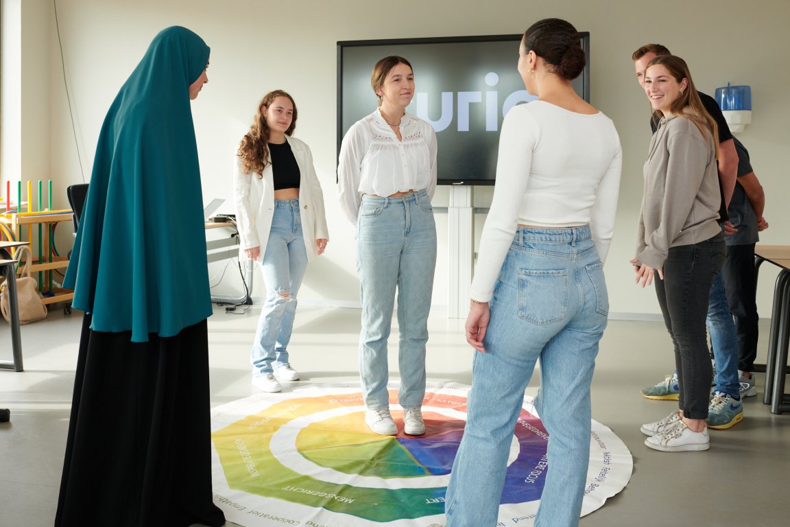 Groep studenten bezig met disc-gedragsanalyse