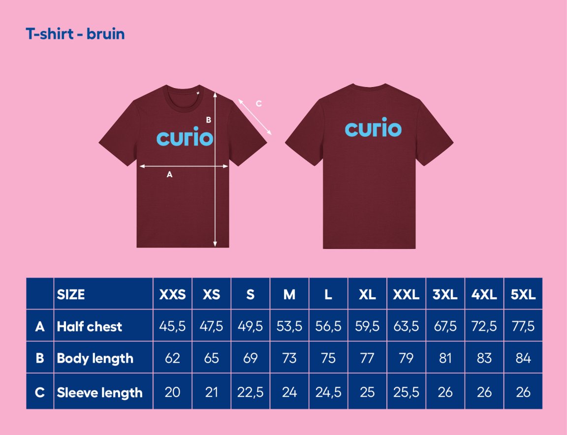 Curio t-shirt maattabel
